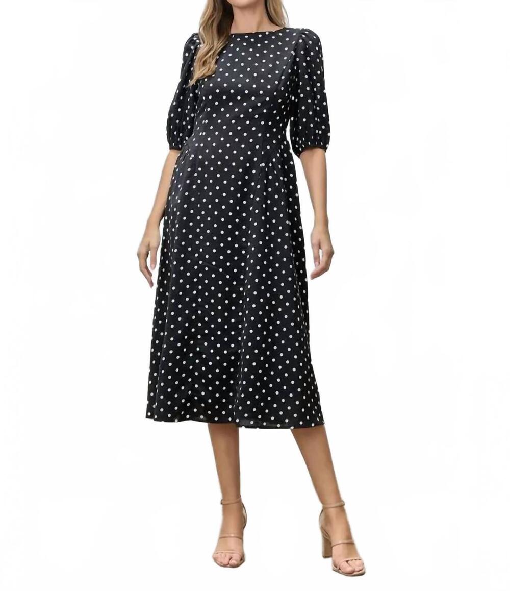NEW POLAGRAM pamela polka dot short sleeve midi dress in black
